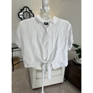 Women White Linen Blend Tie Front Shirt size L Crop Boho Resort Preppy Classic